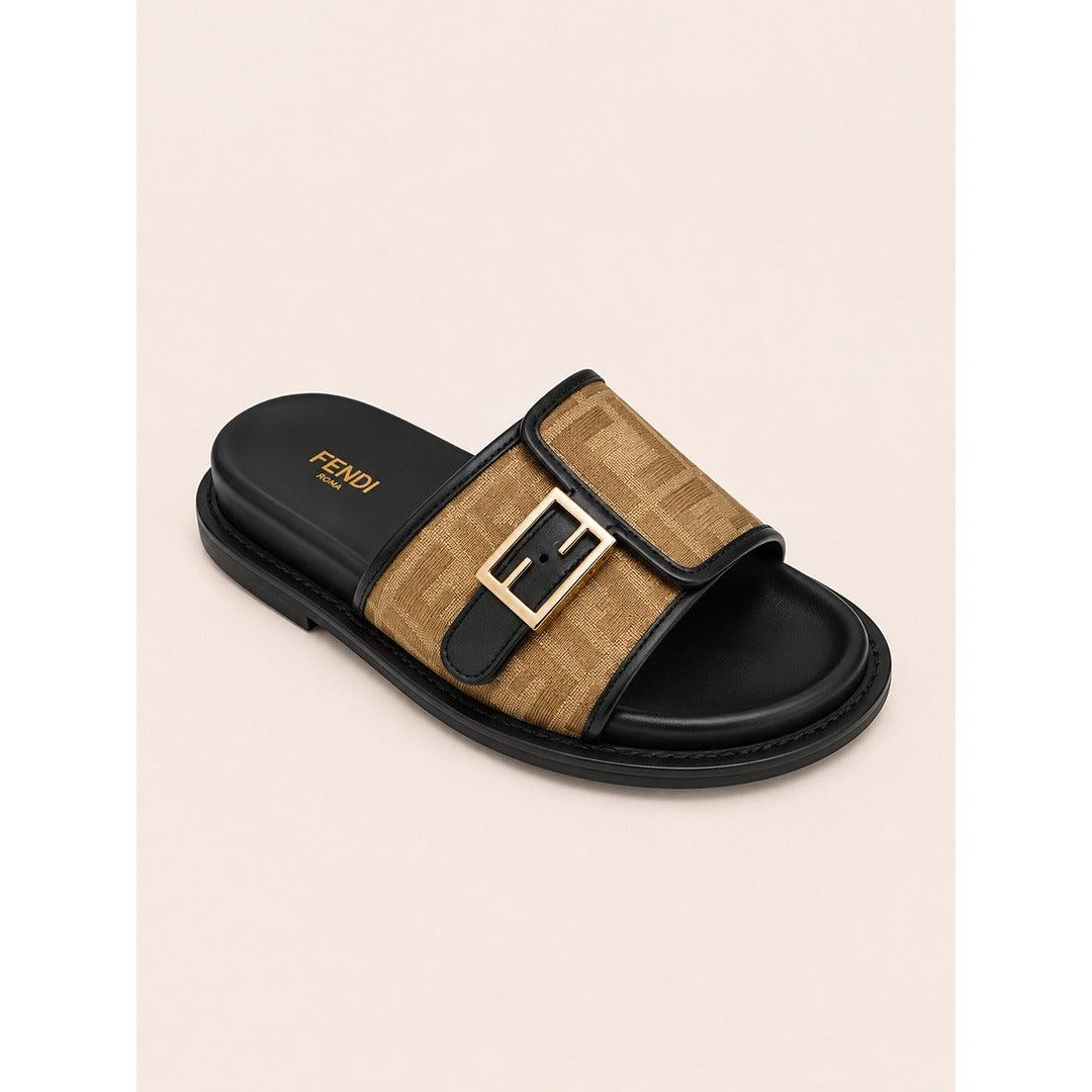 FENDI FEEL BLACK BROWN FF BUCKLE EMBOSSED SANDAL