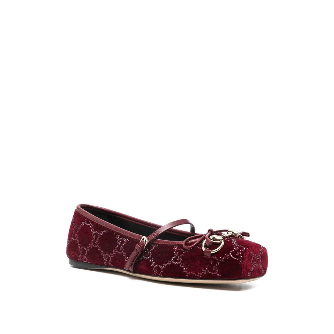 GUCCI BURGUNDY HORSEBIT BALLET PUMPS GG CANVAS