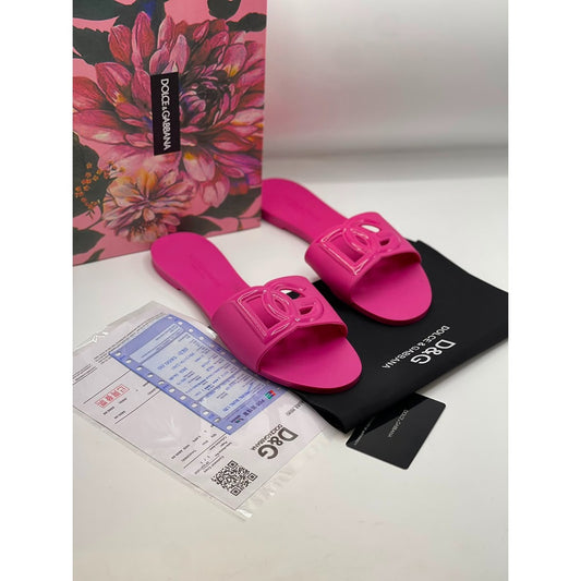 DOLCE & GABBANA FUCHSIA PINK SLIDES DG EMBOSSED LOGO