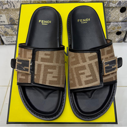 FENDI FEEL BLACK BROWN FF BUCKLE EMBOSSED SANDAL