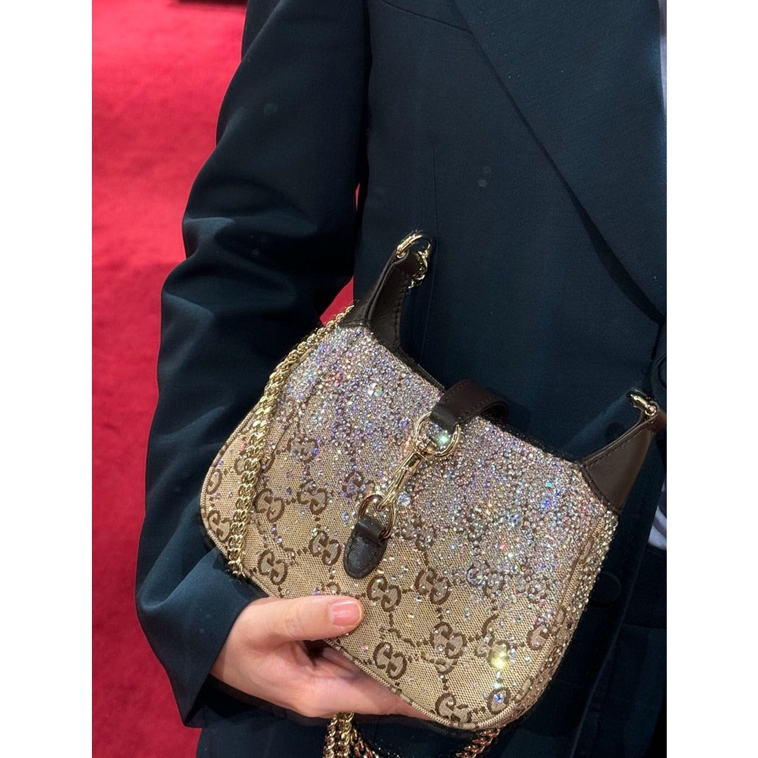 GUCCI JACKIE NOTTE BROWN MINI BAG CRYSTAL EMBELLISHED