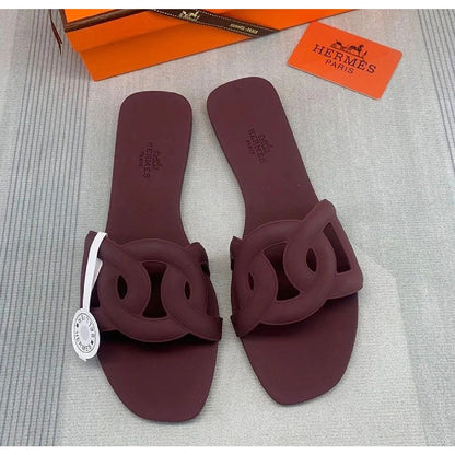 HERMES ALOHA MULES BURGUNDY INTERLOCKING RUBBER FLATS