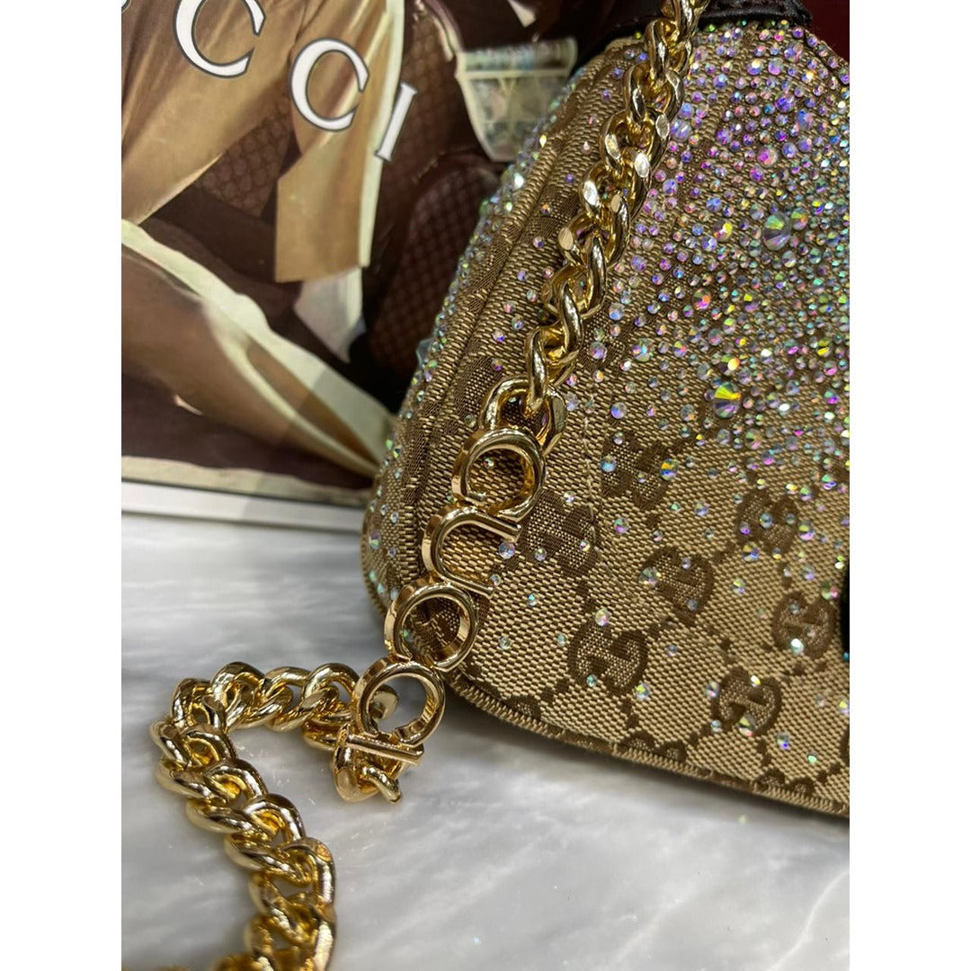 GUCCI JACKIE NOTTE BROWN MINI BAG CRYSTAL EMBELLISHED