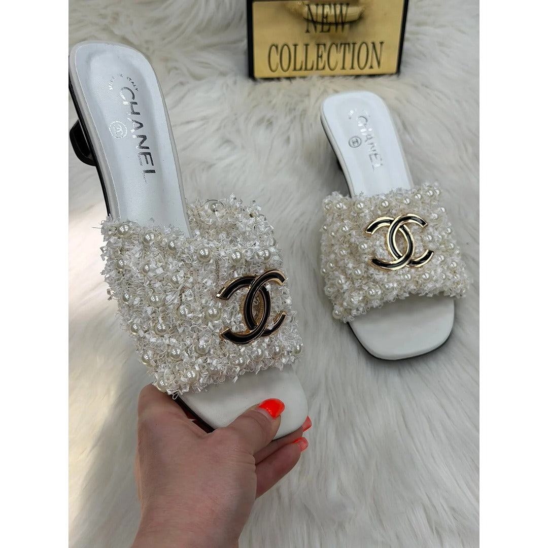 CHANEL PEARL CC EMBELLISHED LOW HEEL MULES