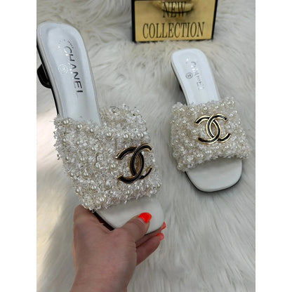 CHANEL PEARL CC EMBELLISHED LOW HEEL MULES
