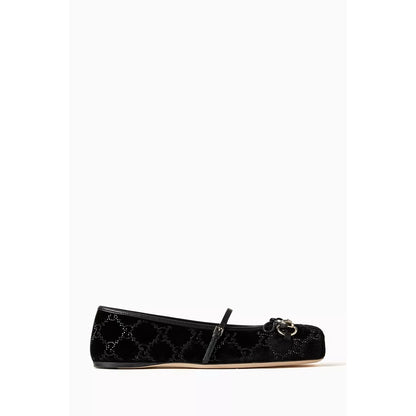 GUCCI BLACK HORSEBIT BALLET PUMPS GG CANVAS
