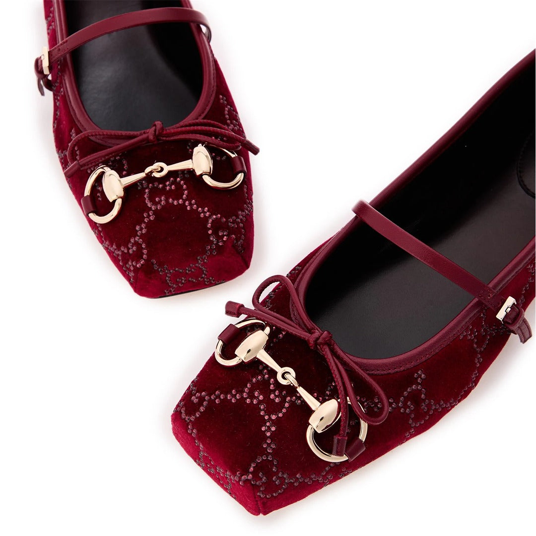 GUCCI BURGUNDY HORSEBIT BALLET PUMPS GG CANVAS