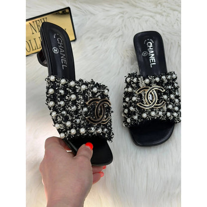CHANEL PEARL CC EMBELLISHED LOW HEEL MULES