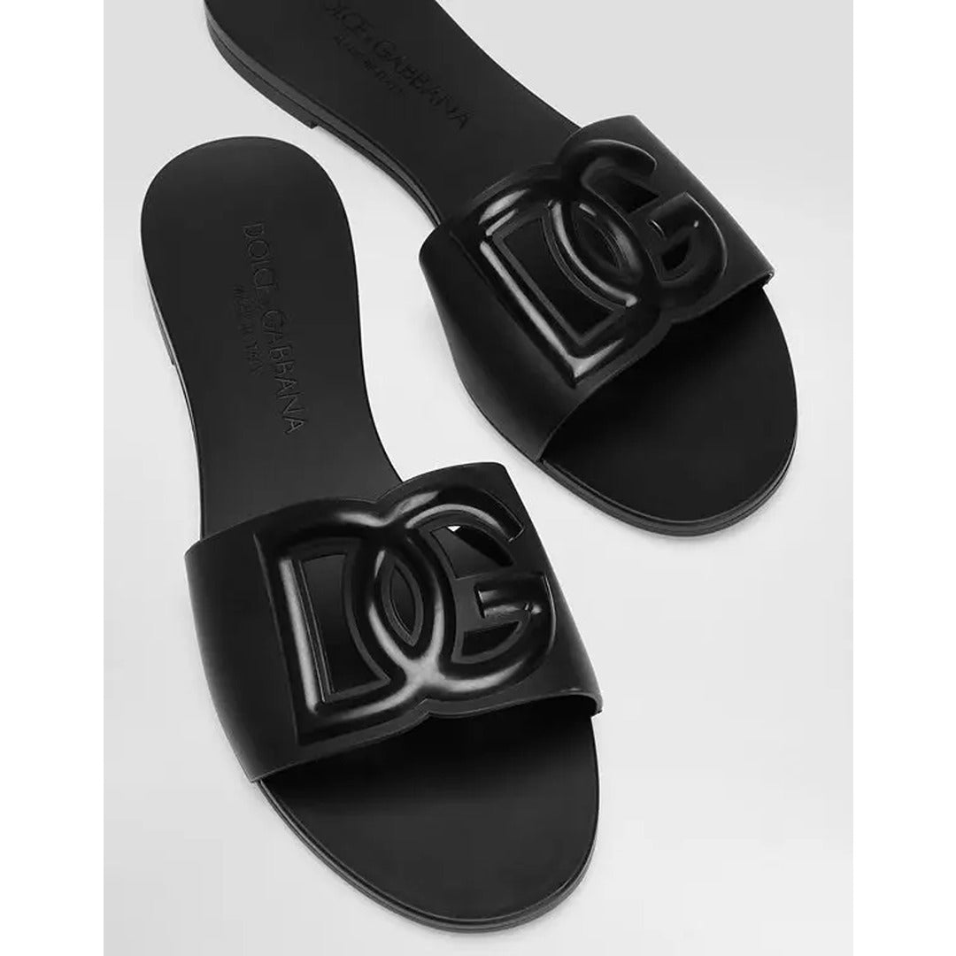 DOLCE & GABBANA BLACK SLIDES DG EMBOSSED LOGO