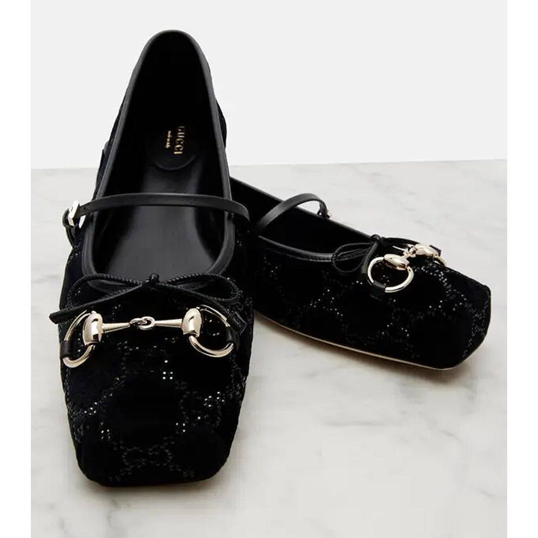 GUCCI BLACK HORSEBIT BALLET PUMPS GG CANVAS
