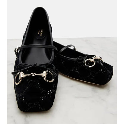 GUCCI BLACK HORSEBIT BALLET PUMPS GG CANVAS