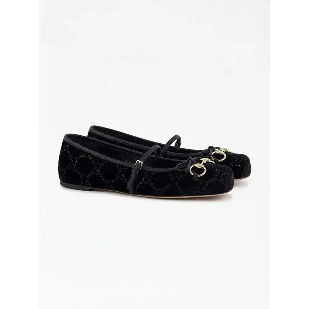 GUCCI BLACK HORSEBIT BALLET PUMPS GG CANVAS