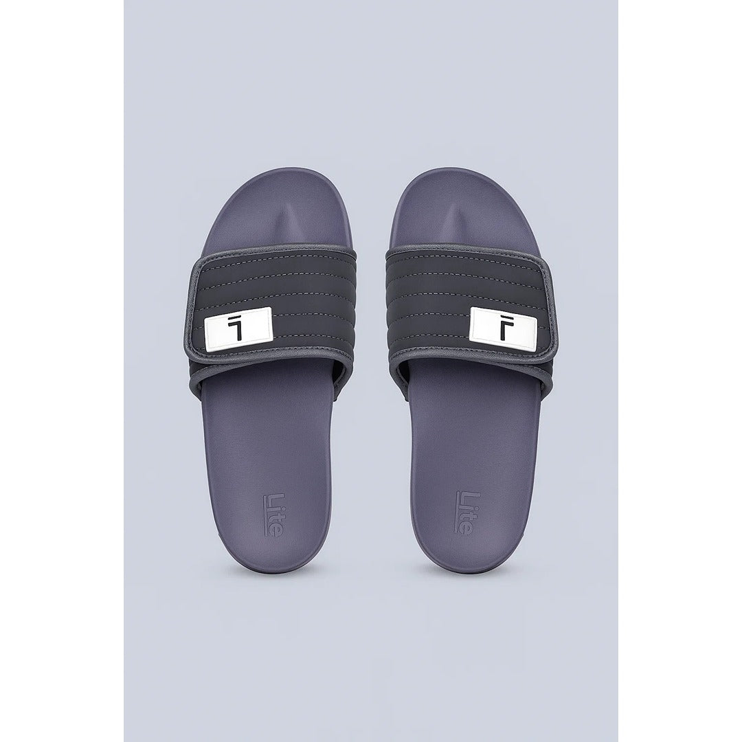 LITE GREY QUILTED STRAP SLIDES – PURPLE BASE