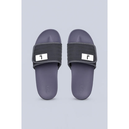 LITE GREY QUILTED STRAP SLIDES – PURPLE BASE