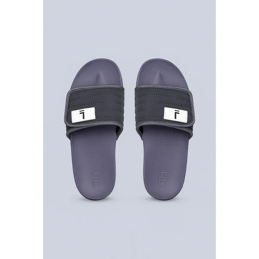 LITE GREY QUILTED STRAP SLIDES – PURPLE BASE