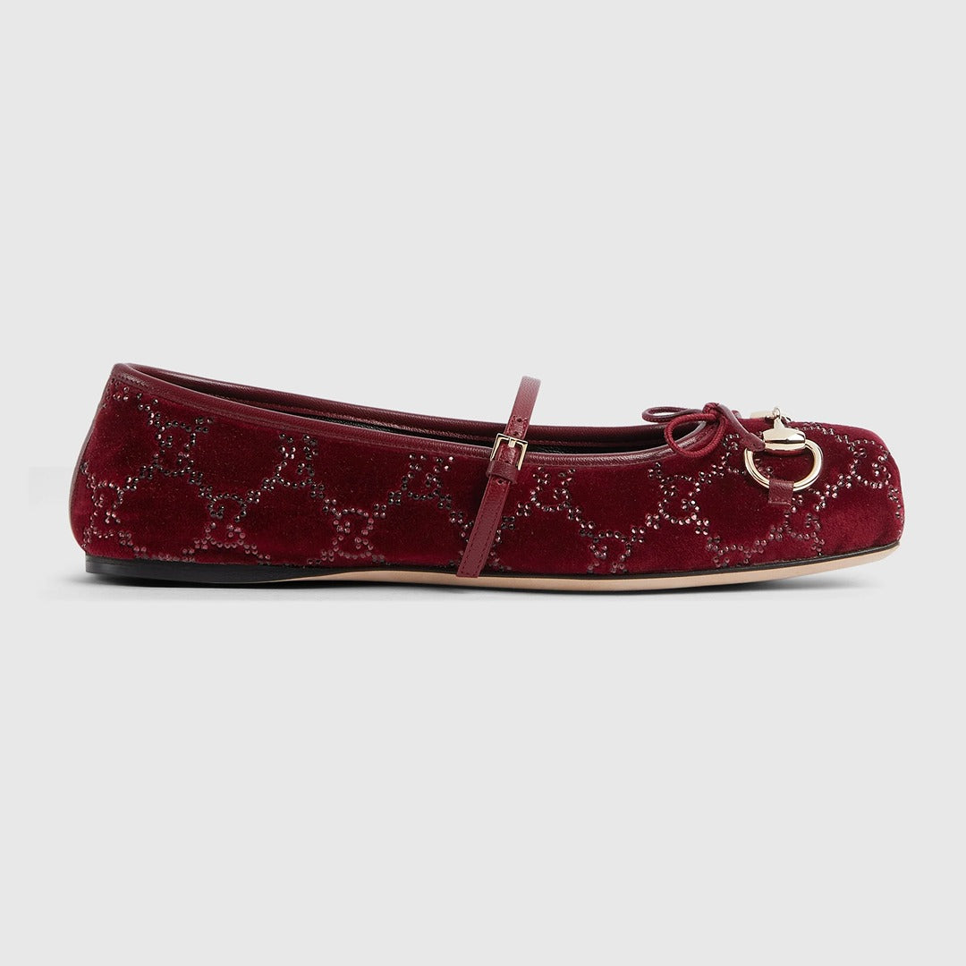 GUCCI BURGUNDY HORSEBIT BALLET PUMPS GG CANVAS