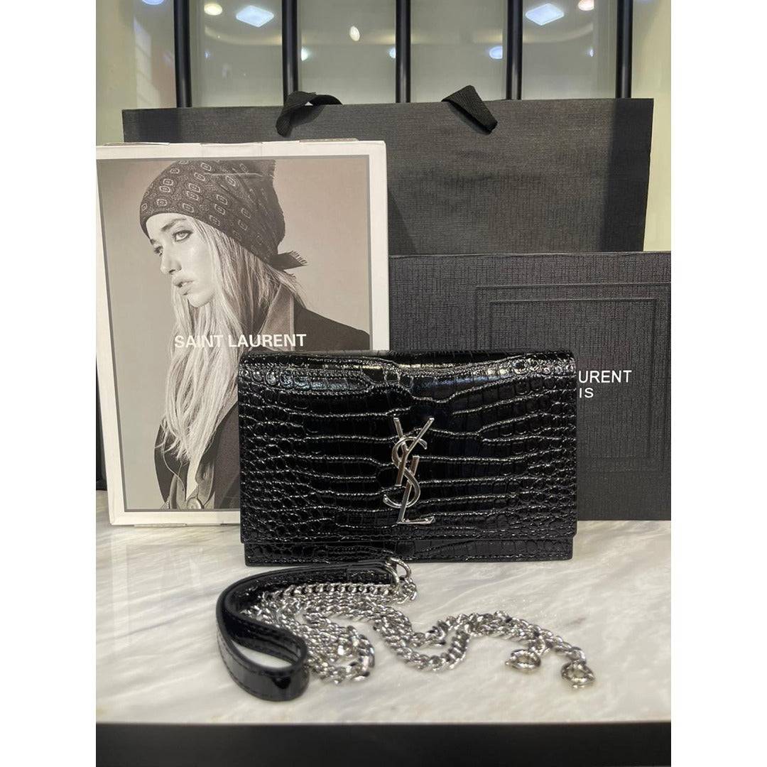 YSL SAINT LAURENT KATE CROC EMBOSSED BAG