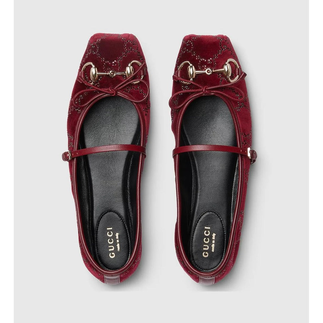 GUCCI BURGUNDY HORSEBIT BALLET PUMPS GG CANVAS