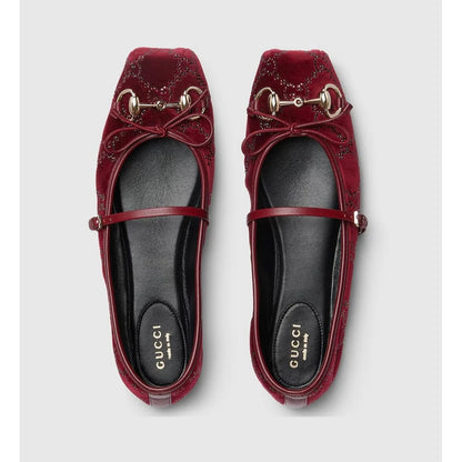 GUCCI BURGUNDY HORSEBIT BALLET PUMPS GG CANVAS