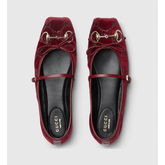 GUCCI BURGUNDY HORSEBIT BALLET PUMPS GG CANVAS