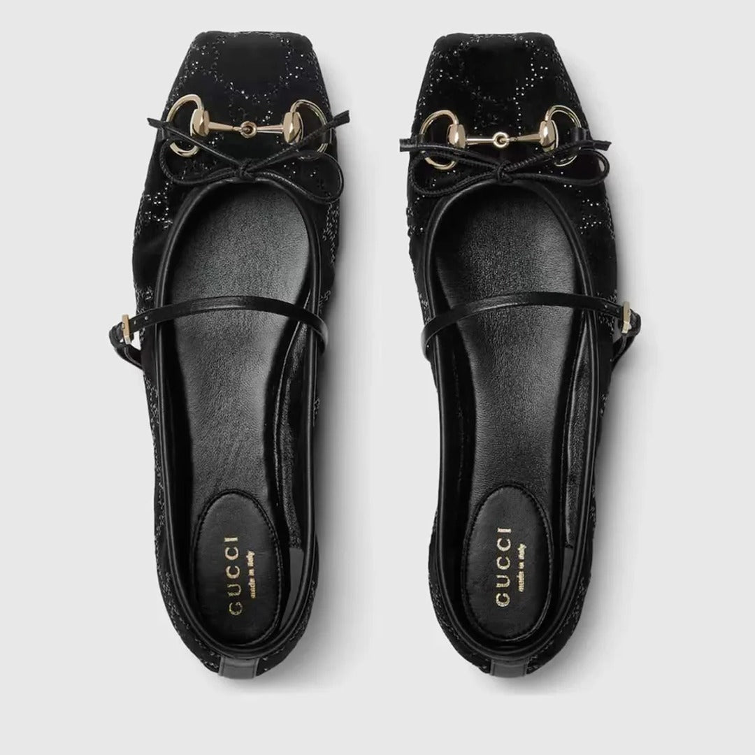 GUCCI BLACK HORSEBIT BALLET PUMPS GG CANVAS