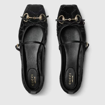 GUCCI BLACK HORSEBIT BALLET PUMPS GG CANVAS