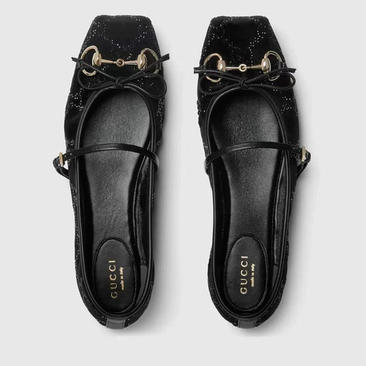GUCCI BLACK HORSEBIT BALLET PUMPS GG CANVAS