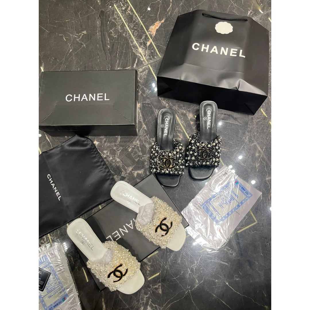 CHANEL PEARL CC EMBELLISHED LOW HEEL MULES