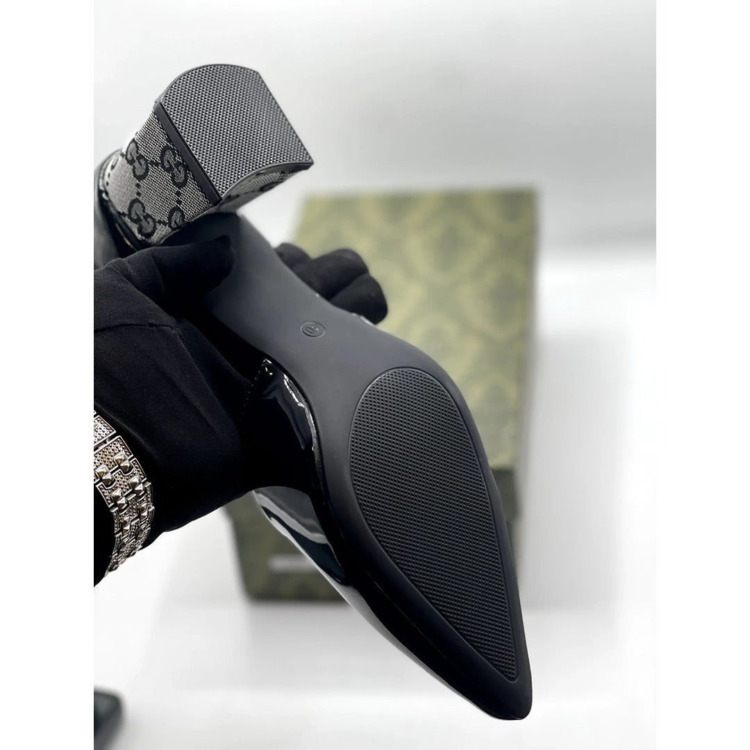 GUCCI GG MONOGRAM BLACK GREY BLOCK HEEL