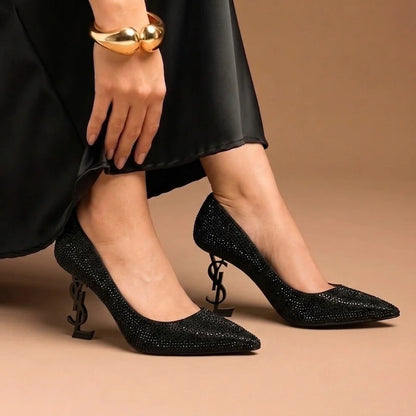 YSL SAINT LAURENT ALL BLACK CRYSTAL HEELS