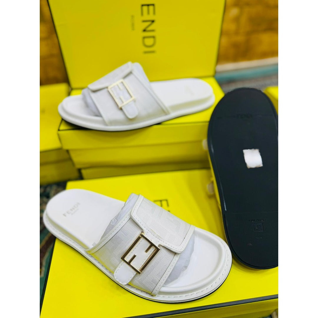 FENDI FEEL WHITE FF BUCKLE EMBOSSED SANDAL