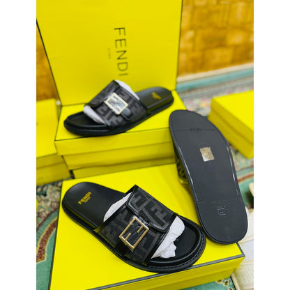 FENDI FEEL GREY BLACK FF BUCKLE EMBOSSED SANDAL
