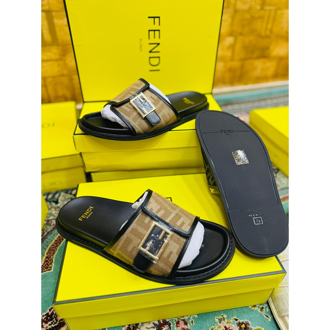FENDI FEEL BLACK BROWN FF BUCKLE EMBOSSED SANDAL