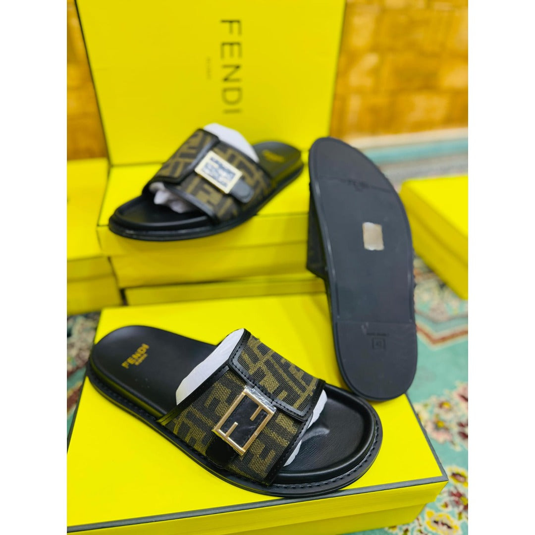 FENDI FEEL BLACK OLIVE FF BUCKLE EMBOSSED SANDAL
