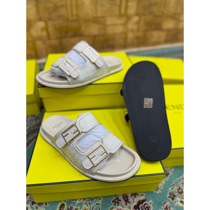 FENDI FEEL CREAM FF BUCKLE EMBOSSED SANDAL