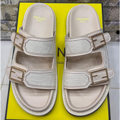 FENDI FEEL CREAM FF BUCKLE EMBOSSED SANDAL