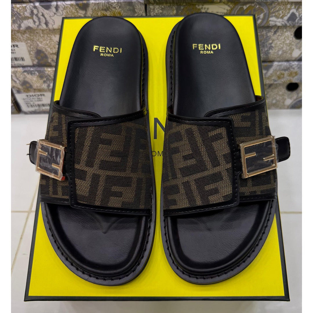 FENDI FEEL BLACK OLIVE FF BUCKLE EMBOSSED SANDAL
