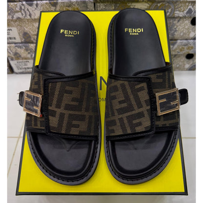 FENDI FEEL BLACK OLIVE FF BUCKLE EMBOSSED SANDAL