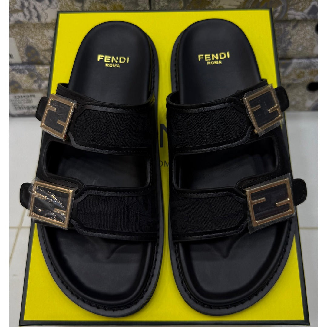 FENDI FEEL ALL BLACK FF BUCKLE EMBOSSED SANDAL