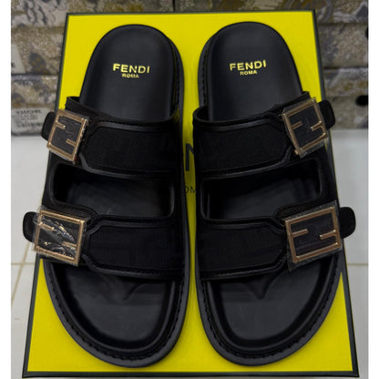 FENDI FEEL ALL BLACK FF BUCKLE EMBOSSED SANDAL