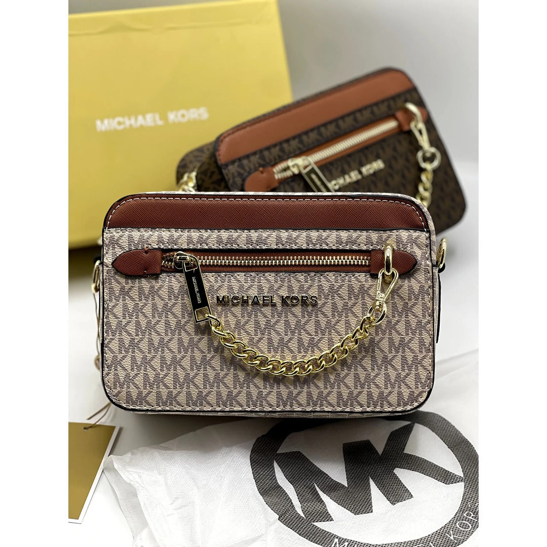MICHAEL KORS JET SET LOGO LIGHT CROSSBODY BAG BROWN/BEIGE