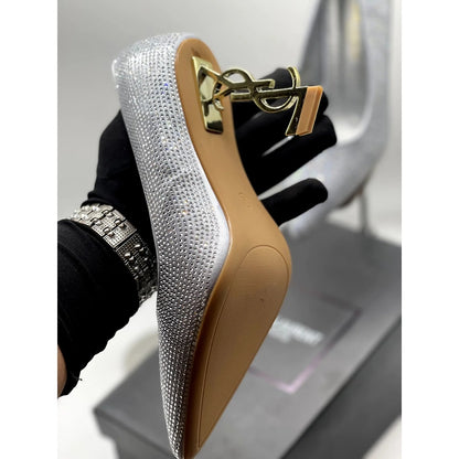 YSL SAINT LAURENT SILVER GREY CRYSTAL PUMPS