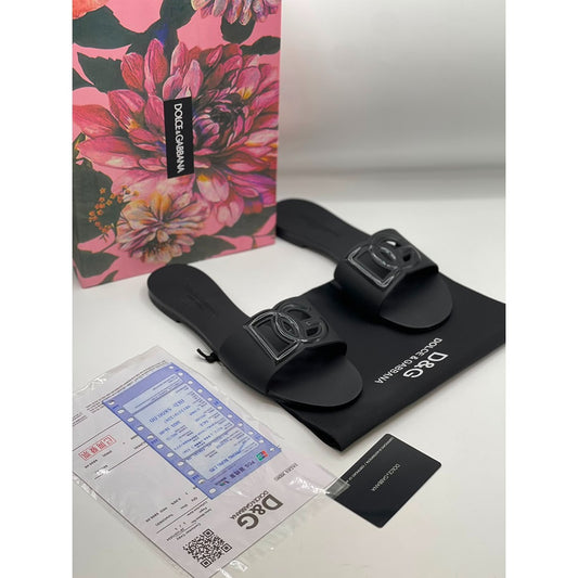 DOLCE & GABBANA BLACK SLIDES DG EMBOSSED LOGO