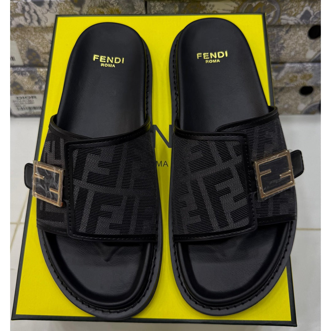 FENDI FEEL GREY BLACK FF BUCKLE EMBOSSED SANDAL