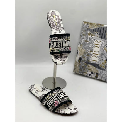 CHRISTIAN DIOR WHITE-GREY EMBROIDERED DWAY SLIDE