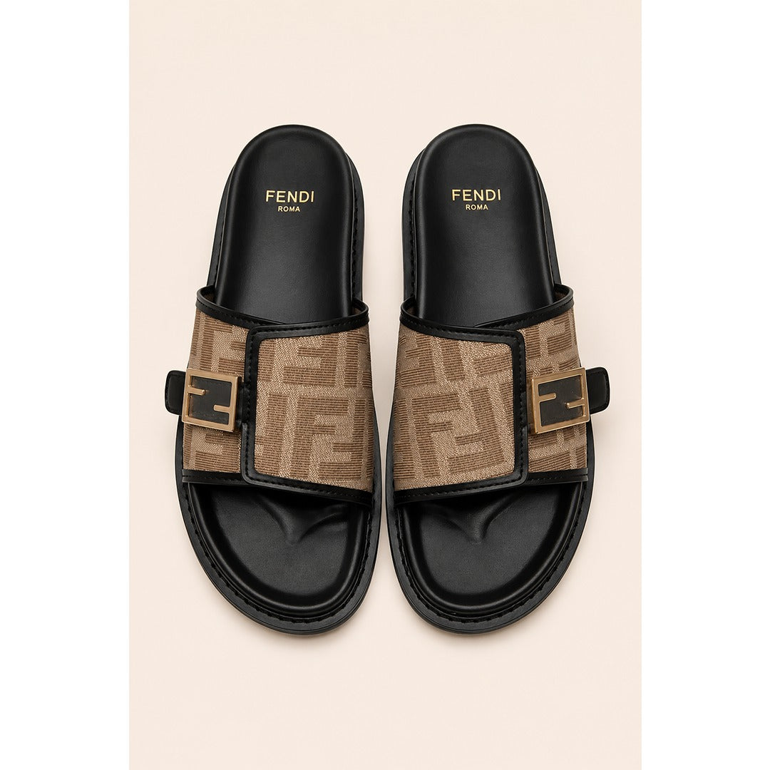 FENDI FEEL BLACK BROWN FF BUCKLE EMBOSSED SANDAL