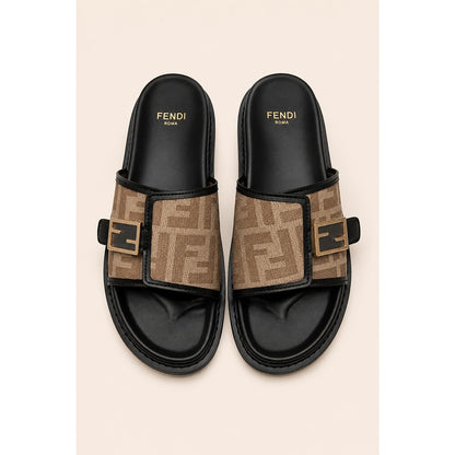 FENDI FEEL BLACK BROWN FF BUCKLE EMBOSSED SANDAL