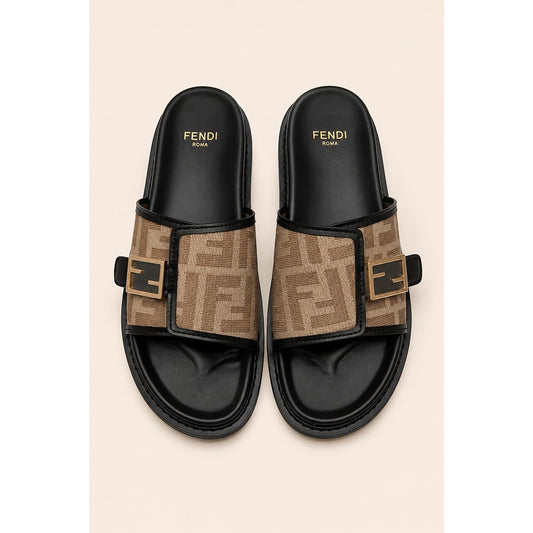FENDI FEEL BLACK BROWN FF BUCKLE EMBOSSED SANDAL