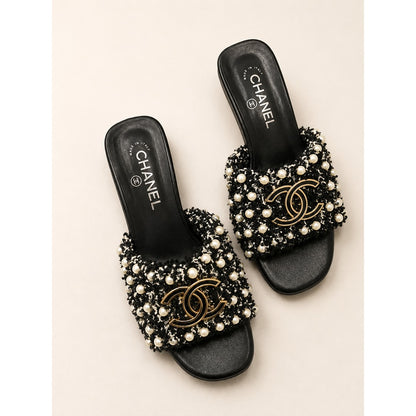 CHANEL PEARL CC EMBELLISHED LOW HEEL MULES