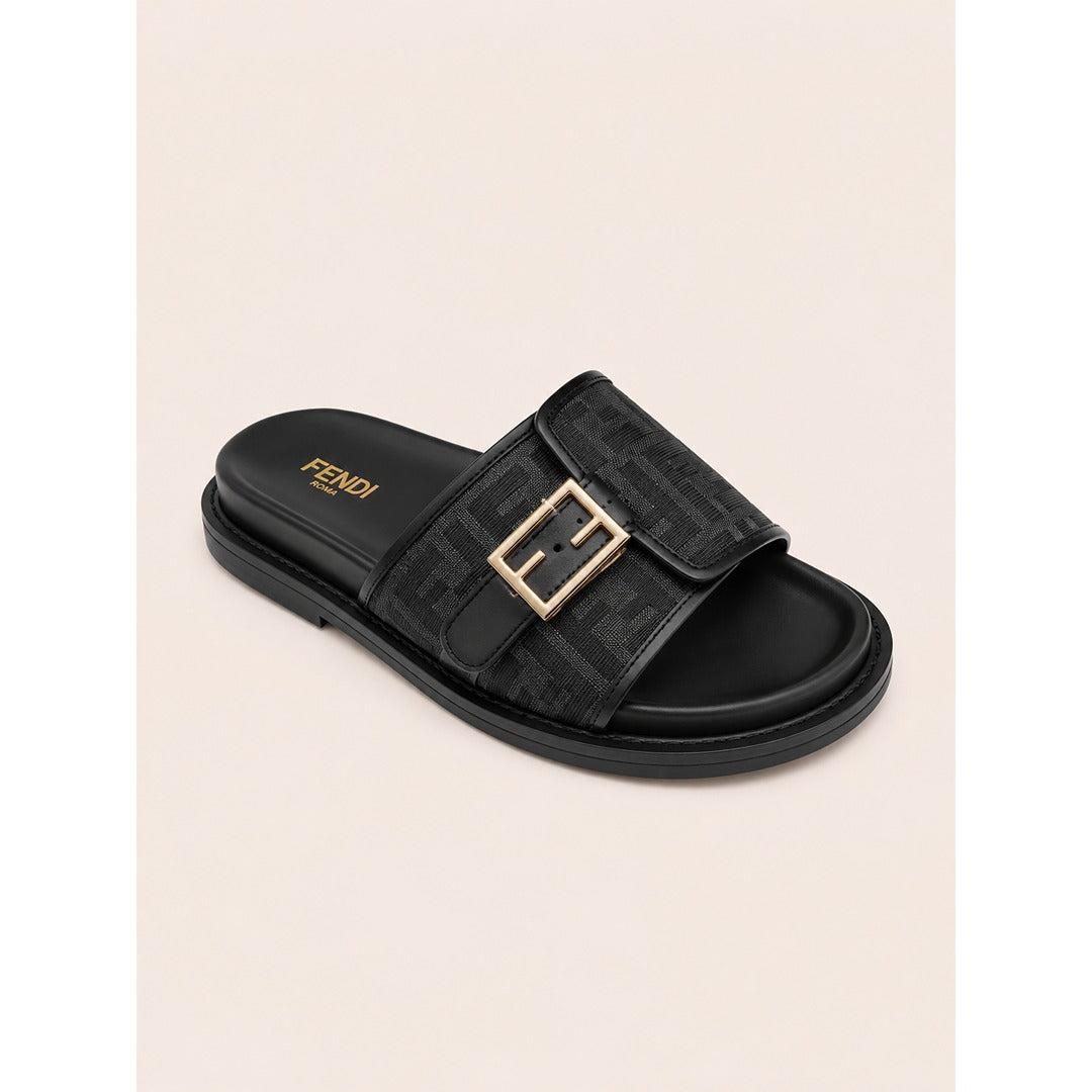 FENDI FEEL GREY BLACK FF BUCKLE EMBOSSED SANDAL
